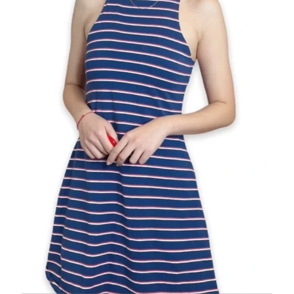 Element Eden Turquoise Cotton Halter Nautical Stripe Sleeveless Swing Tank Dress